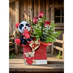 Cajira rosa roja y peluche